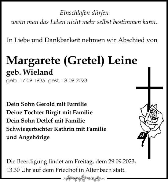 Traueranzeige von Margarete  Leine von Leipziger Volkszeitung