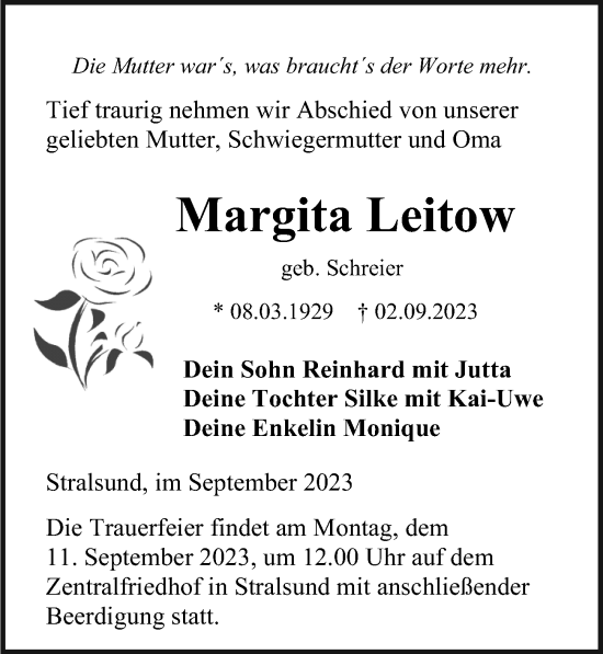 Traueranzeige von Margita Leitow von Ostsee-Zeitung GmbH