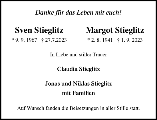 Traueranzeige von Margot Stieglitz von Lübecker Nachrichten