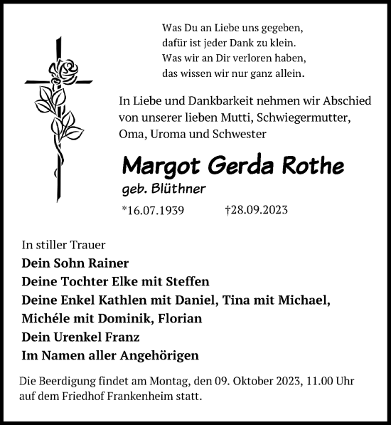 Traueranzeige von Margot Gerda Rothe von Leipziger Volkszeitung