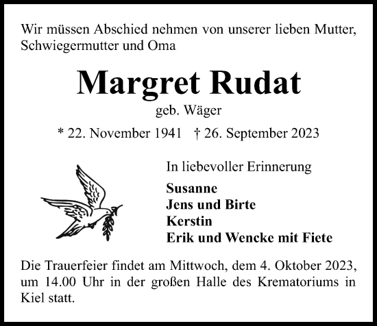 Traueranzeige von Margret Rudat von Kieler Nachrichten