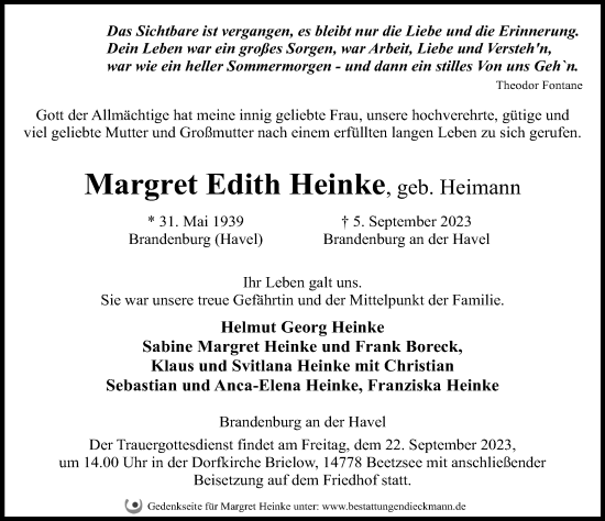 Traueranzeige von Margret Edith Heinke von Märkischen Allgemeine Zeitung