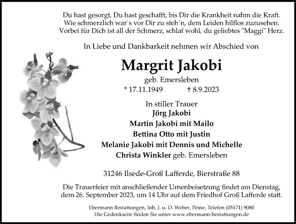  Traueranzeige für Margrit Jakobi vom 16.09.2023 aus Peiner Allgemeine Zeitung