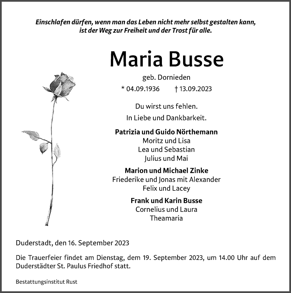  Traueranzeige für Maria Busse vom 16.09.2023 aus Eichsfelder Tageblatt