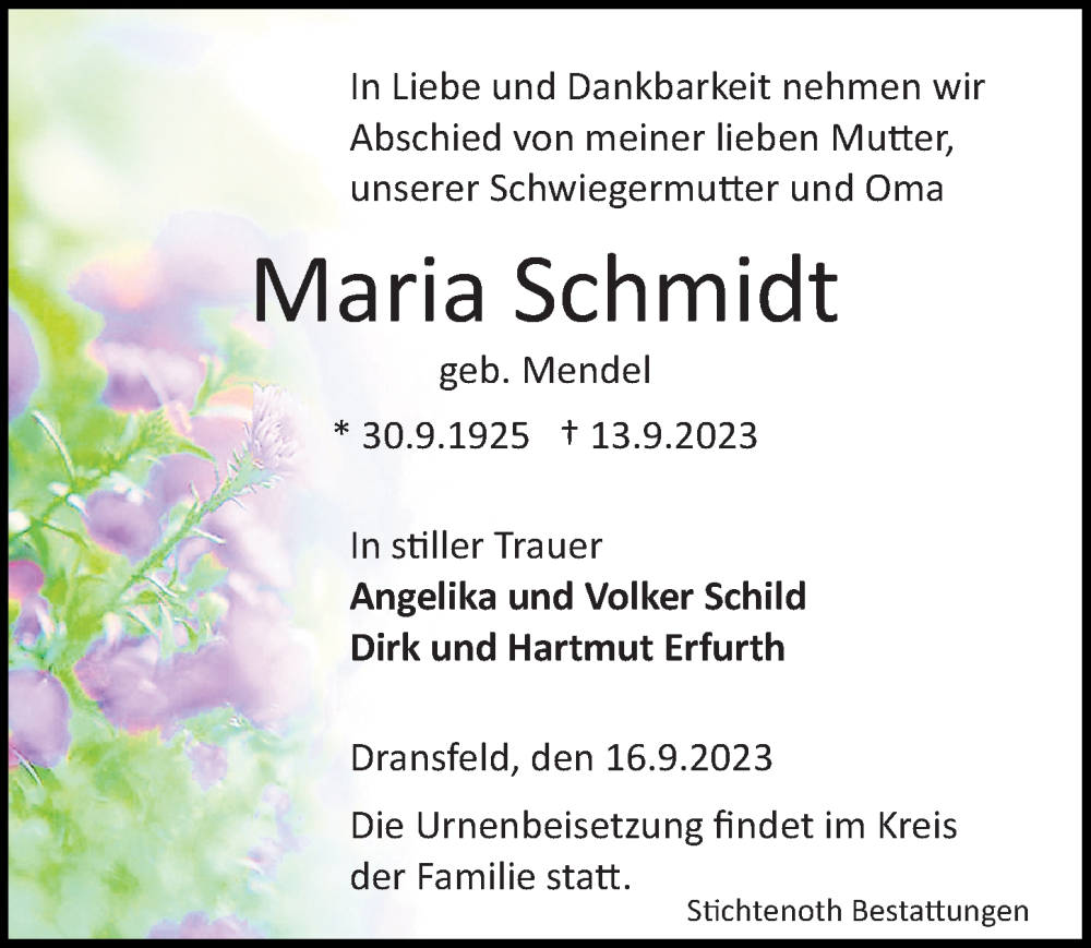  Traueranzeige für Maria Schmidt vom 16.09.2023 aus Göttinger Tageblatt