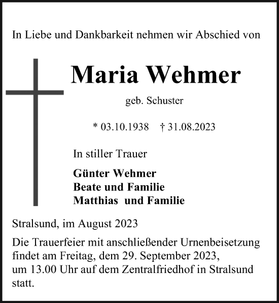 Traueranzeige von Maria Wehmer von Ostsee-Zeitung GmbH