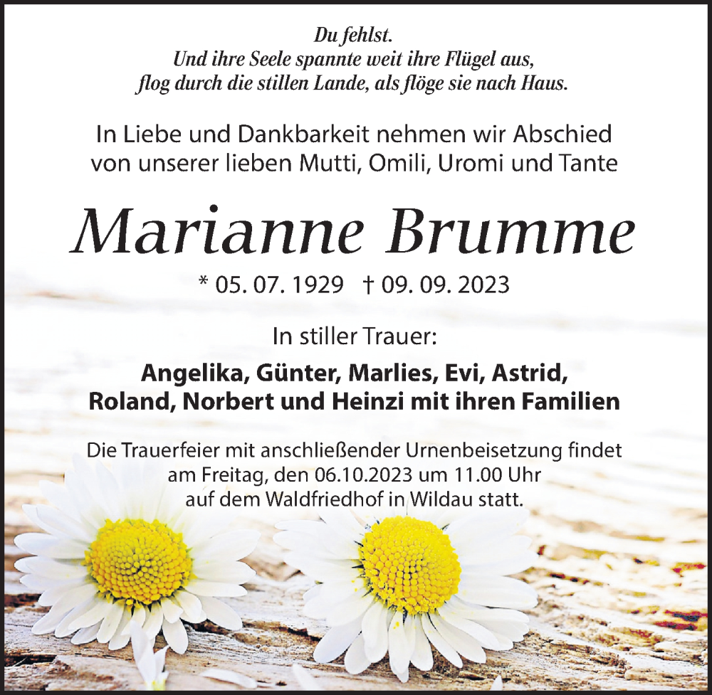  Traueranzeige für Marianne Brumme vom 16.09.2023 aus Märkischen Allgemeine Zeitung