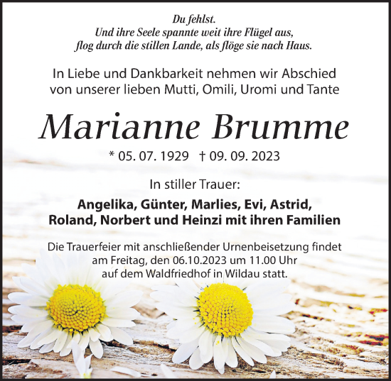 Traueranzeige von Marianne Brumme von Märkischen Allgemeine Zeitung