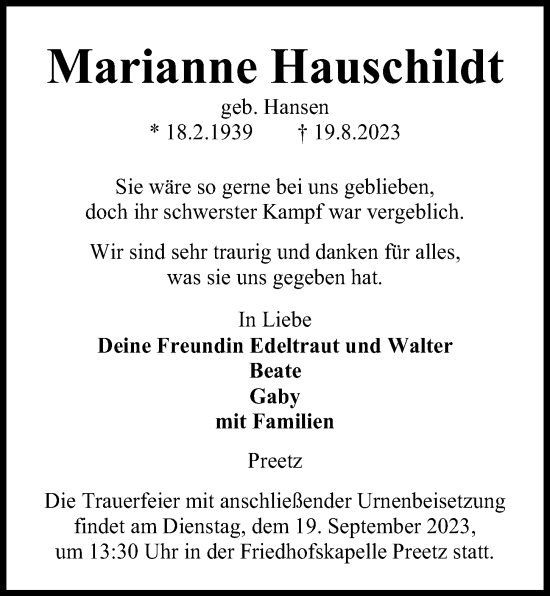 Traueranzeige von Marianne Hauschildt von Kieler Nachrichten