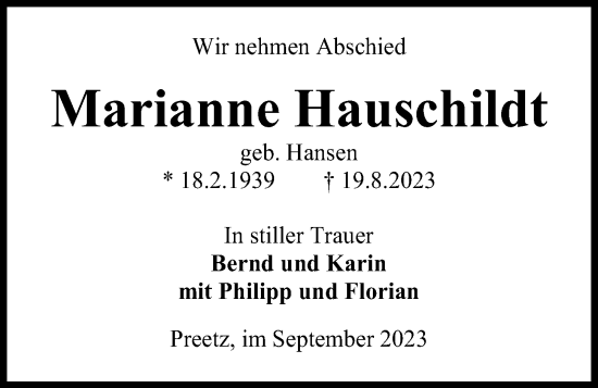 Traueranzeige von Marianne Hauschildt von Kieler Nachrichten