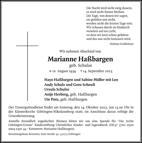 Traueranzeige von Marianne Haßbargen von Göttinger Tageblatt