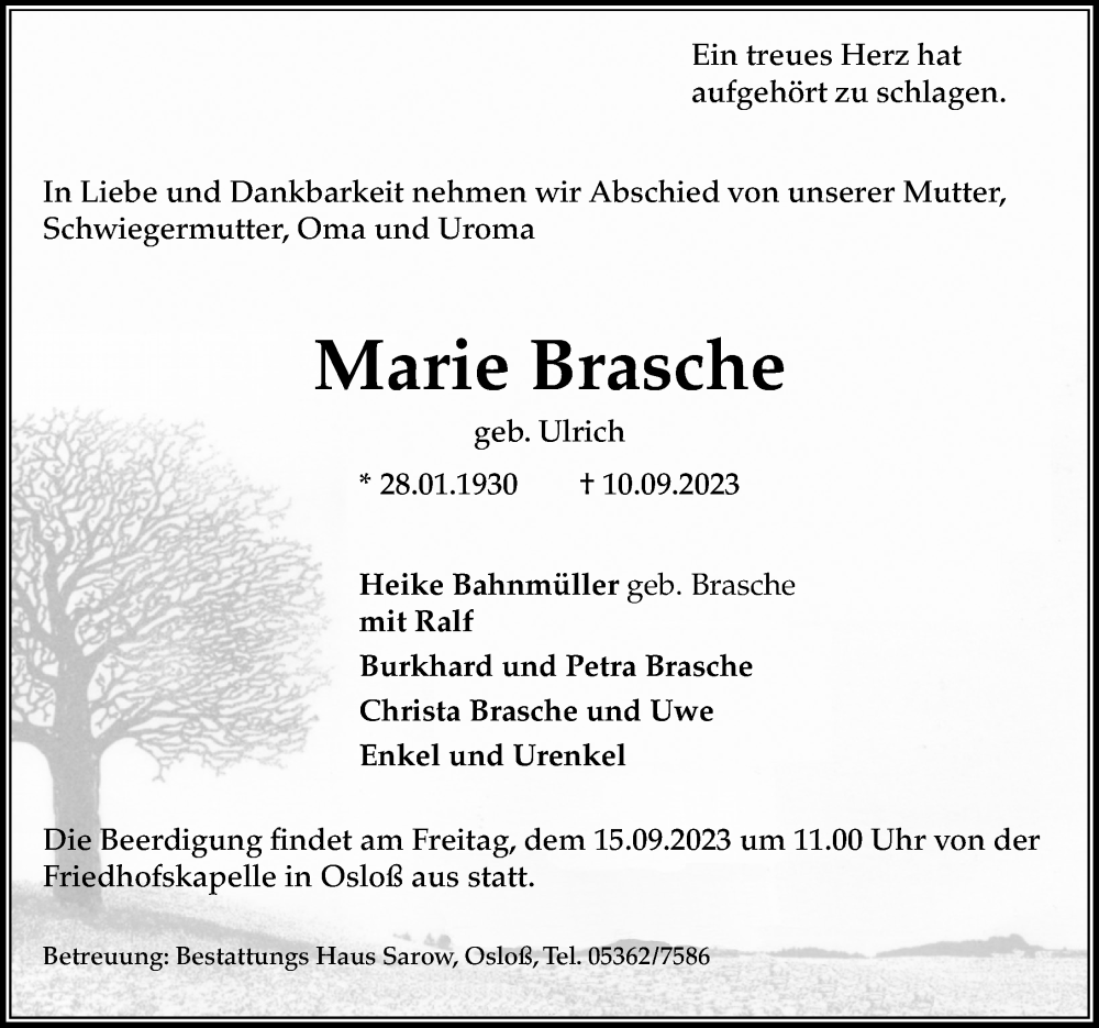  Traueranzeige für Marie Brasche vom 13.09.2023 aus Aller Zeitung