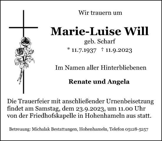 Traueranzeige von Marie-Luise Will von Peiner Allgemeine Zeitung