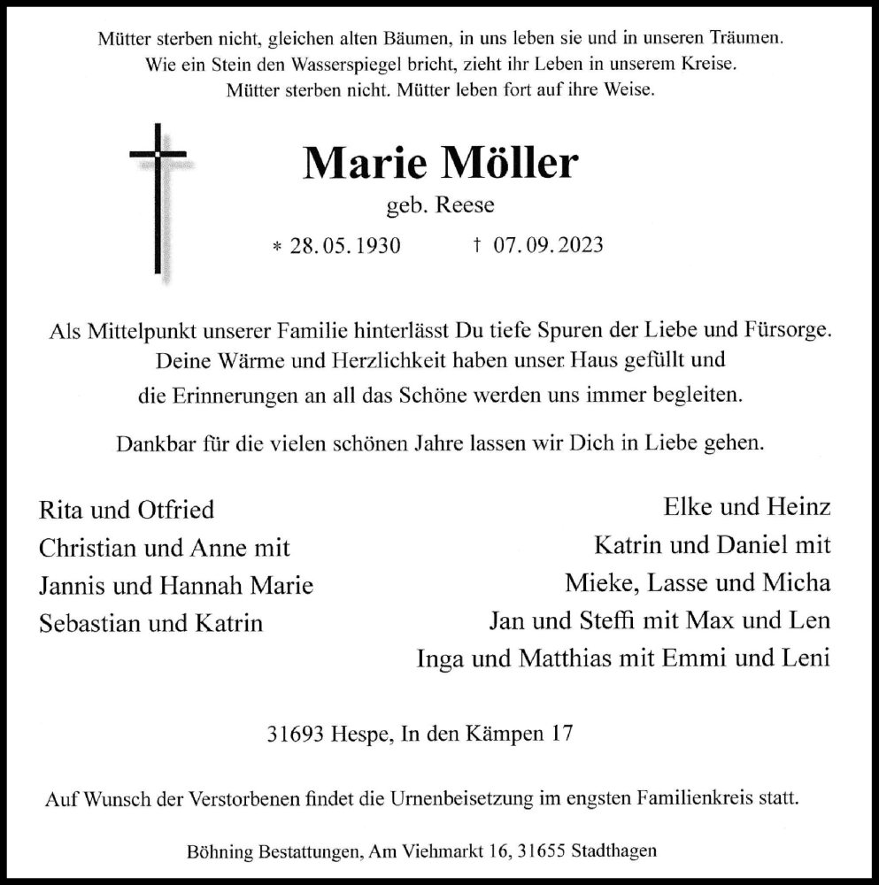 Traueranzeige für Marie Möller vom 09.09.2023 aus Schaumburger Nachrichten