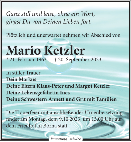 Traueranzeige von Mario Ketzler von Leipziger Volkszeitung