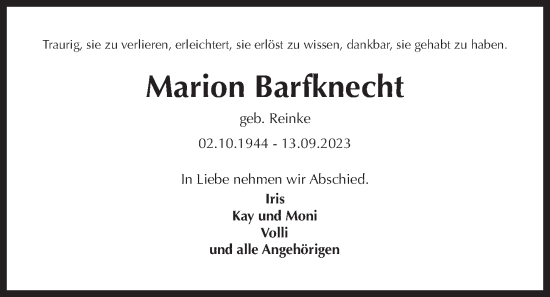 Traueranzeige von Marion Barfknecht von Kieler Nachrichten