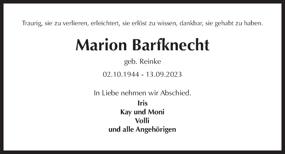  Traueranzeige für Marion Barfknecht vom 16.09.2023 aus Kieler Nachrichten
