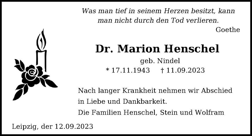  Traueranzeige für Marion Henschel vom 16.09.2023 aus Leipziger Volkszeitung