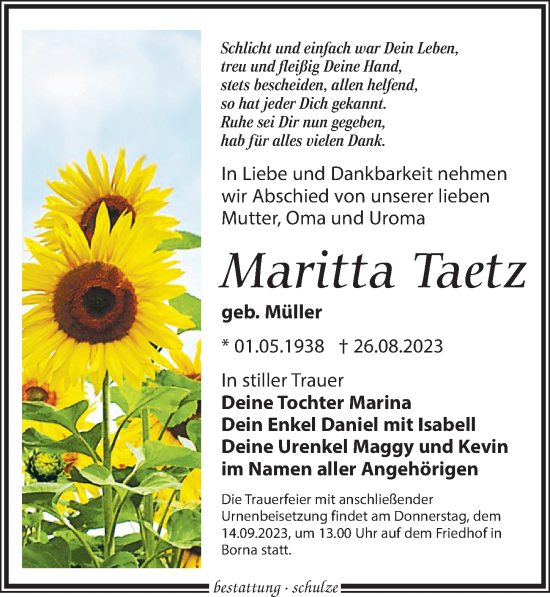 Traueranzeige von Maritta Taetz von Leipziger Volkszeitung