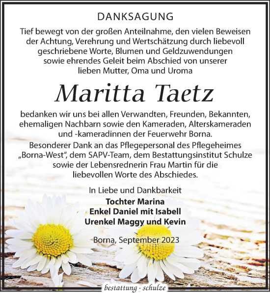 Traueranzeige von Maritta Taetz von Leipziger Volkszeitung