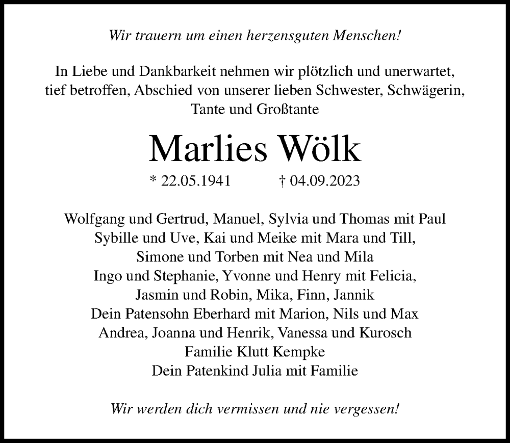  Traueranzeige für Marlies Wölk vom 10.09.2023 aus Lübecker Nachrichten