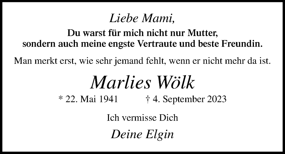  Traueranzeige für Marlies Wölk vom 10.09.2023 aus Lübecker Nachrichten