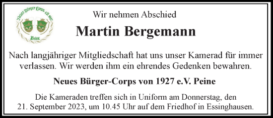 Traueranzeige von Martin Bergemann von Peiner Allgemeine Zeitung