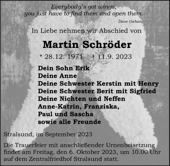 Traueranzeige von Martin Schröder von Ostsee-Zeitung GmbH
