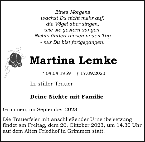 Traueranzeige von Martina Lemke von Ostsee-Zeitung GmbH
