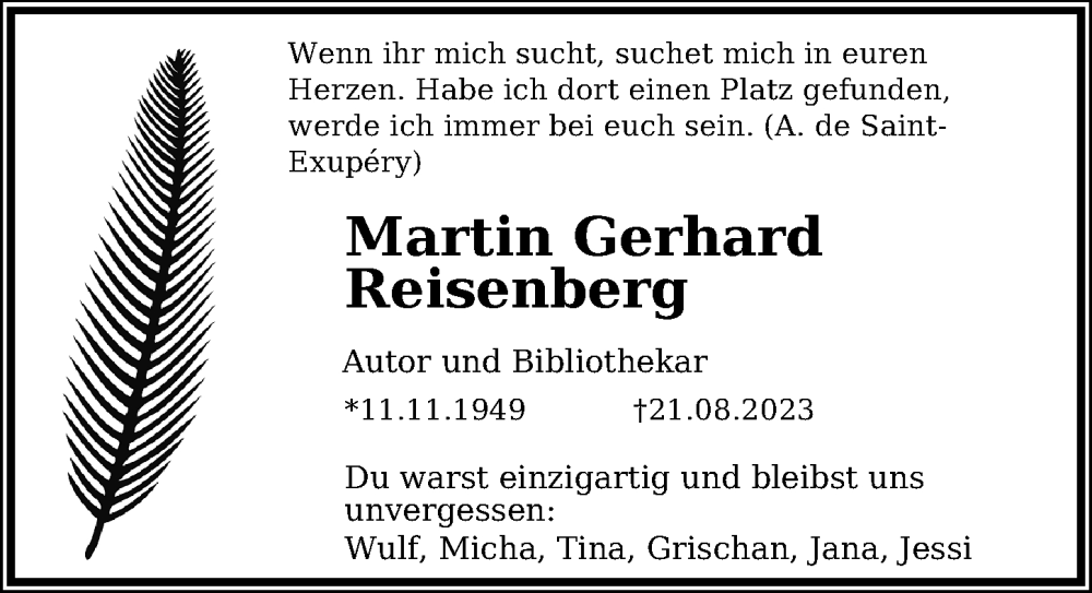  Traueranzeige für Martin Gerhard Reisenberg vom 16.09.2023 aus Leipziger Volkszeitung