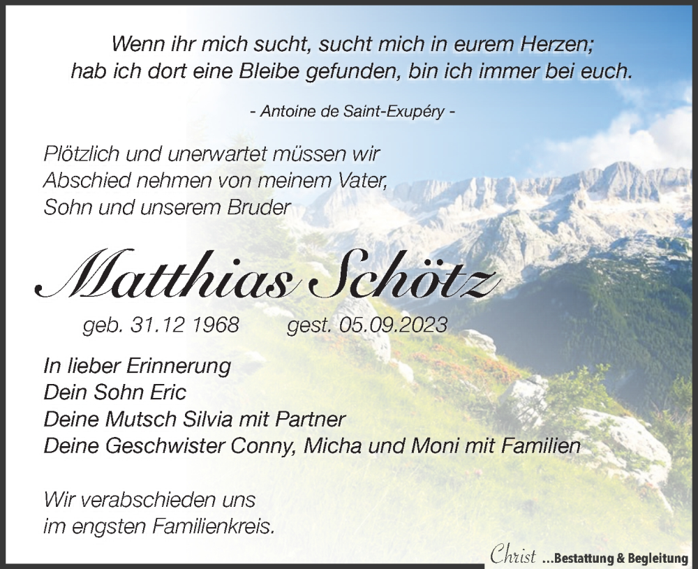  Traueranzeige für Matthias Schötz vom 16.09.2023 aus Leipziger Volkszeitung