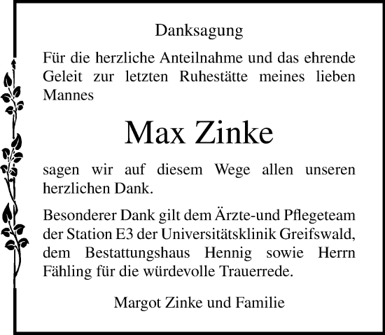 Traueranzeige von Max Zinke von Ostsee-Zeitung GmbH