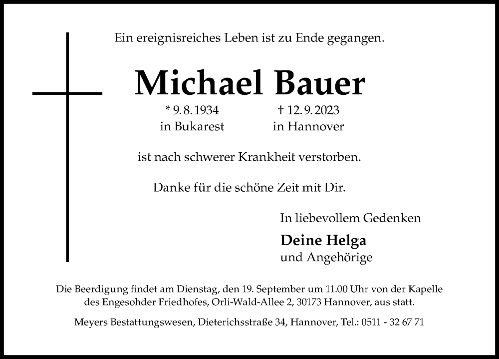  Traueranzeige für Michael Bauer vom 16.09.2023 aus Hannoversche Allgemeine Zeitung/Neue Presse