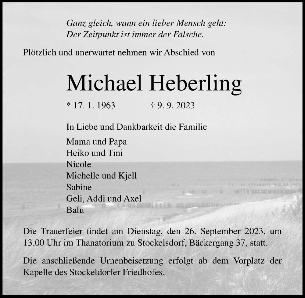  Traueranzeige für Michael Heberling vom 17.09.2023 aus Lübecker Nachrichten
