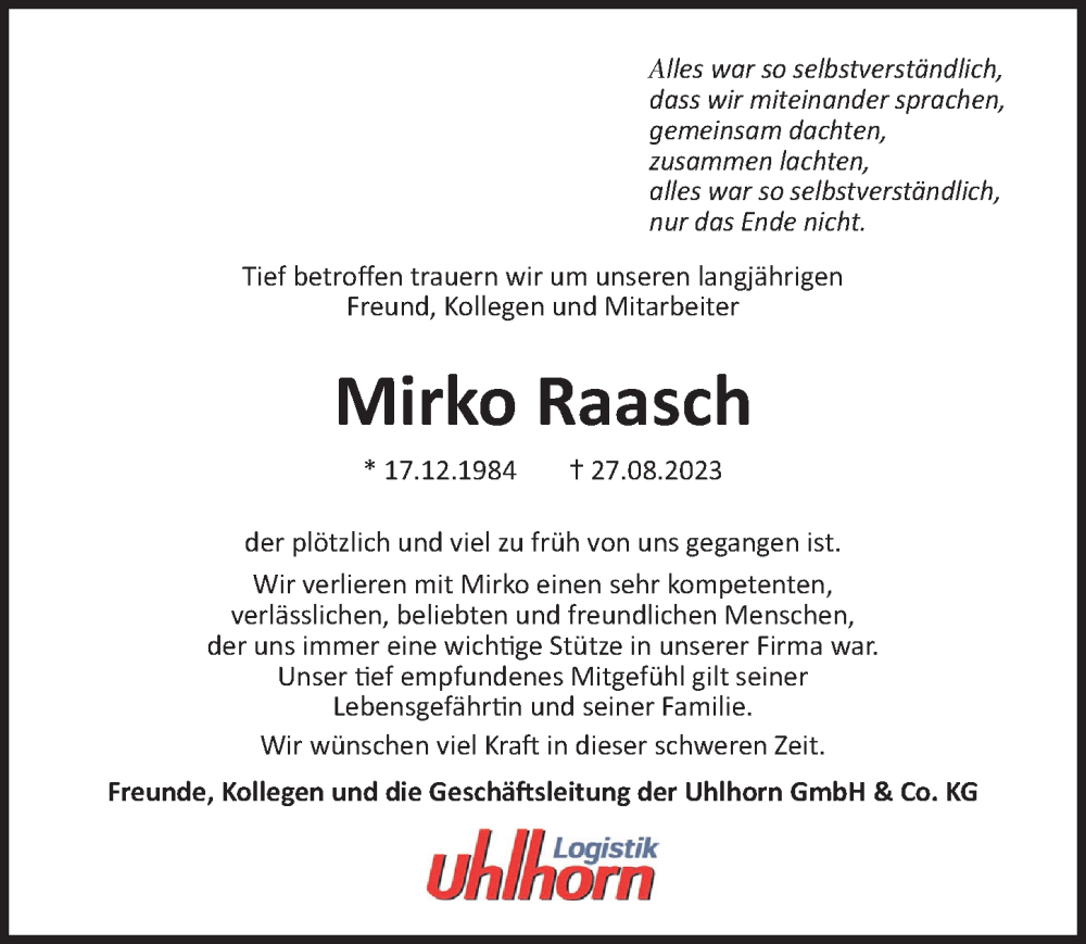  Traueranzeige für Mirko Raasch vom 02.09.2023 aus Lübecker Nachrichten