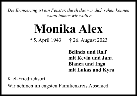 Traueranzeige von Monika Alex von Kieler Nachrichten