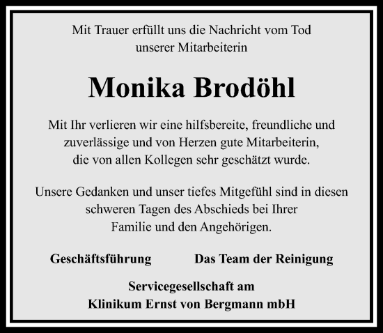 Traueranzeige von Monika Brodöhl von Märkischen Allgemeine Zeitung