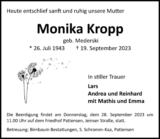 Traueranzeige von Monika Kropp von Hannoversche Allgemeine Zeitung/Neue Presse