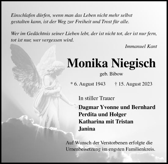 Traueranzeige von Monika Niegisch von Lübecker Nachrichten
