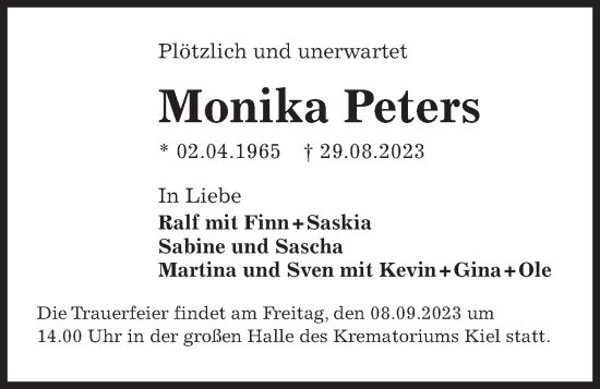 Traueranzeige von Monika Peters von Kieler Nachrichten