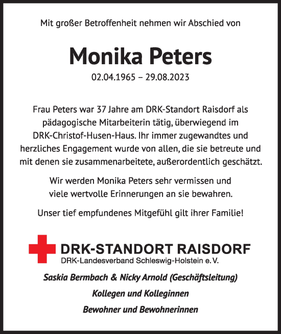 Traueranzeige von Monika Peters von Kieler Nachrichten