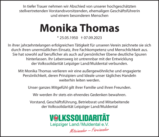 Traueranzeige von Monika Thomas von Leipziger Volkszeitung