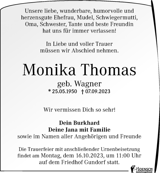 Traueranzeige von Monika Thomas von Leipziger Volkszeitung