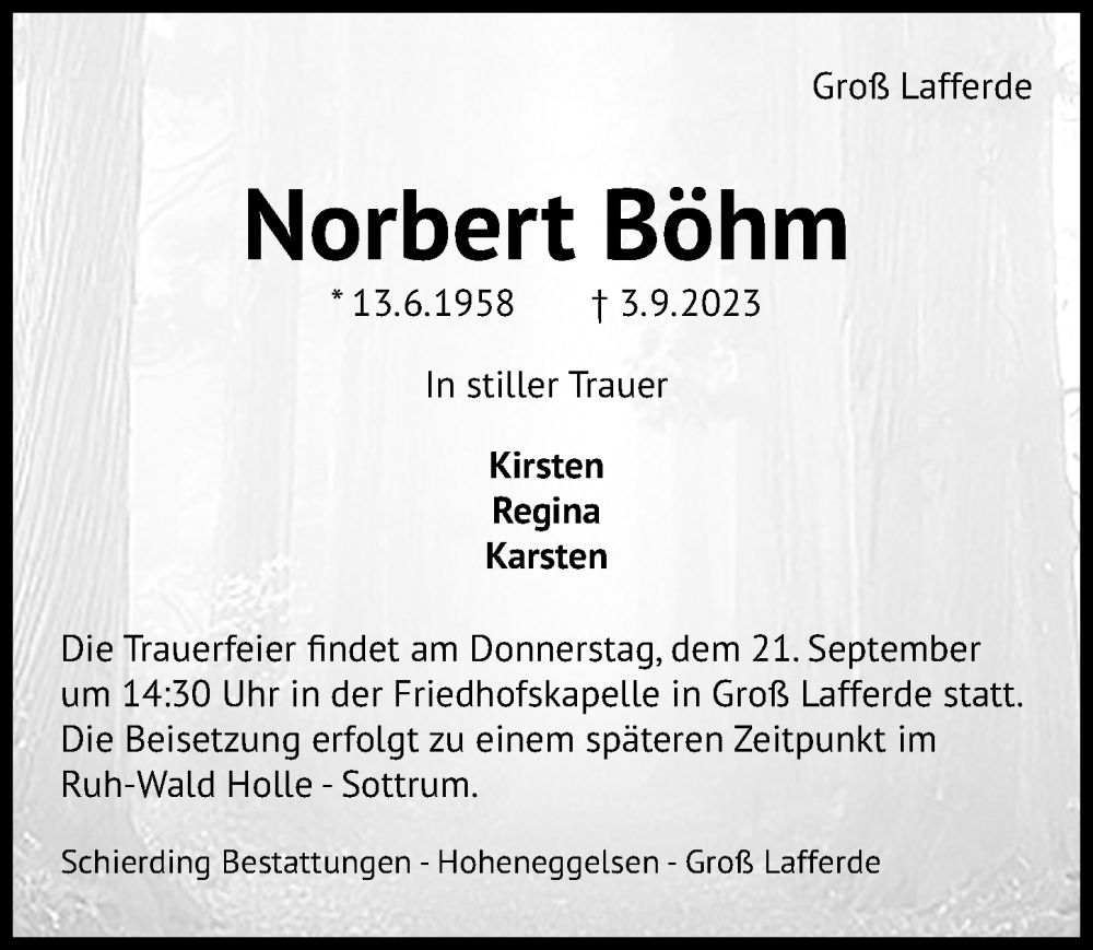  Traueranzeige für Norbert Böhm vom 16.09.2023 aus Peiner Allgemeine Zeitung