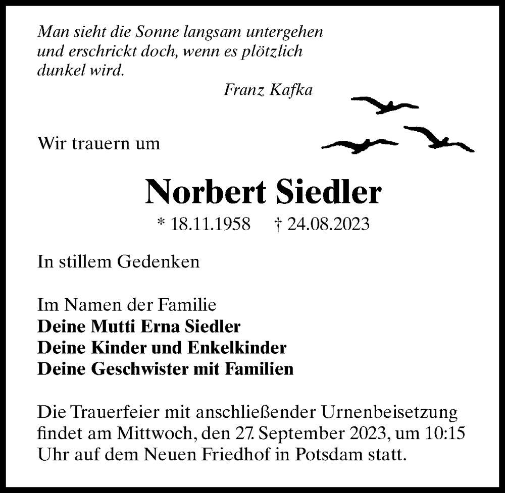  Traueranzeige für Norbert Siedler vom 16.09.2023 aus Märkischen Allgemeine Zeitung