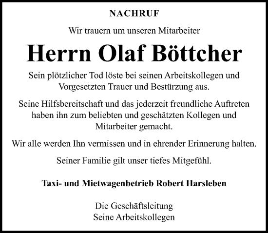 Traueranzeige von Olaf Böttcher von Leipziger Volkszeitung
