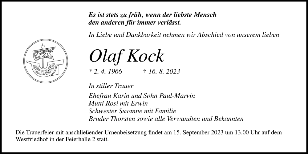  Traueranzeige für Olaf Kock vom 09.09.2023 aus Ostsee-Zeitung GmbH