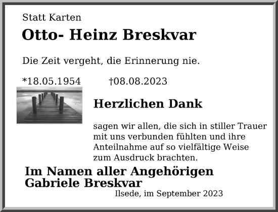 Traueranzeige von Otto-Heinz Breskvar von Peiner Allgemeine Zeitung