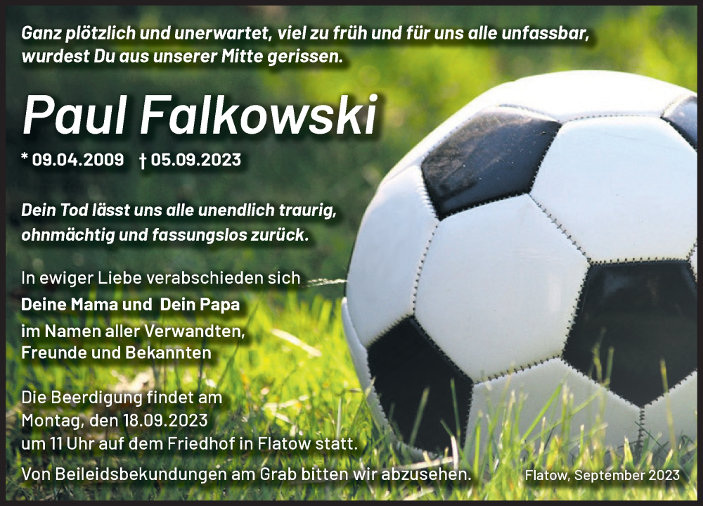  Traueranzeige für Paul Falkowski vom 14.09.2023 aus Märkischen Allgemeine Zeitung