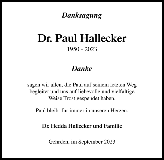 Traueranzeige von Paul Hallecker von Hannoversche Allgemeine Zeitung/Neue Presse